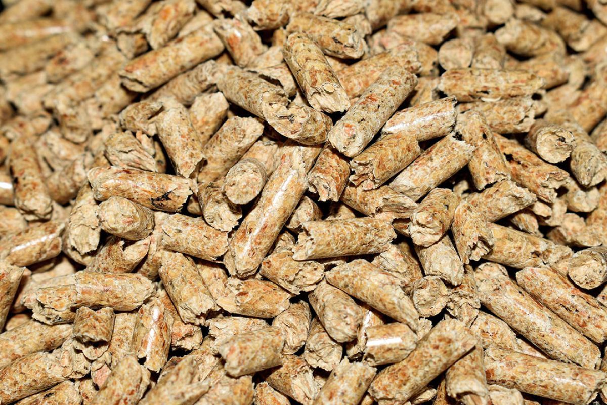 Closeup of compressed wood pellets designed to be burned in pellet stoves.