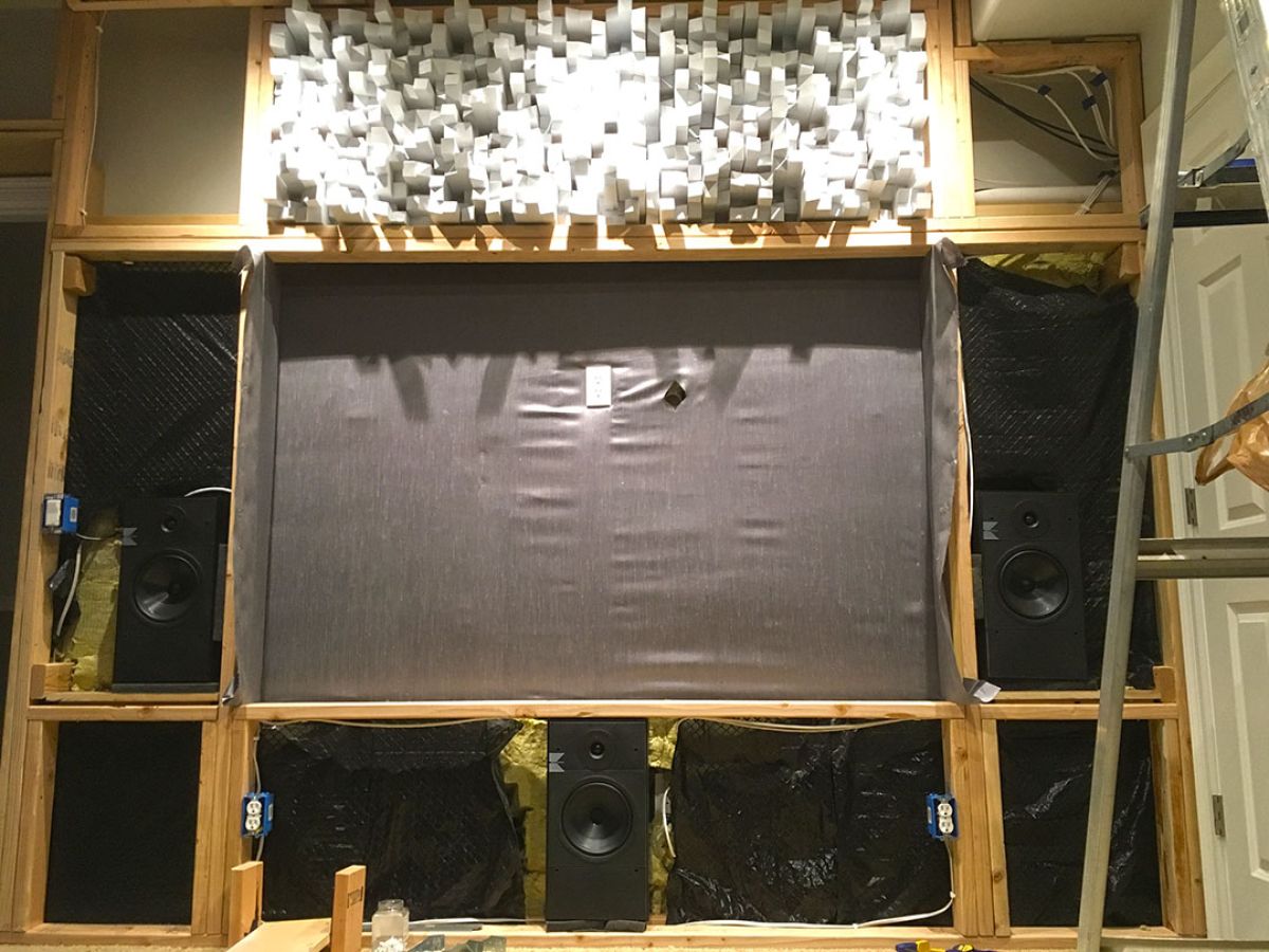 Home theater exposed framing showing acoustic treatment. Skyline diffusor and rockwool insulation.