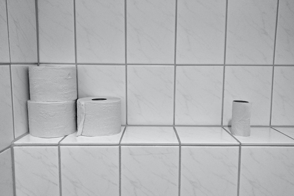 4 rolls of toilet paper, varying size, sitting on a white tile shelf.